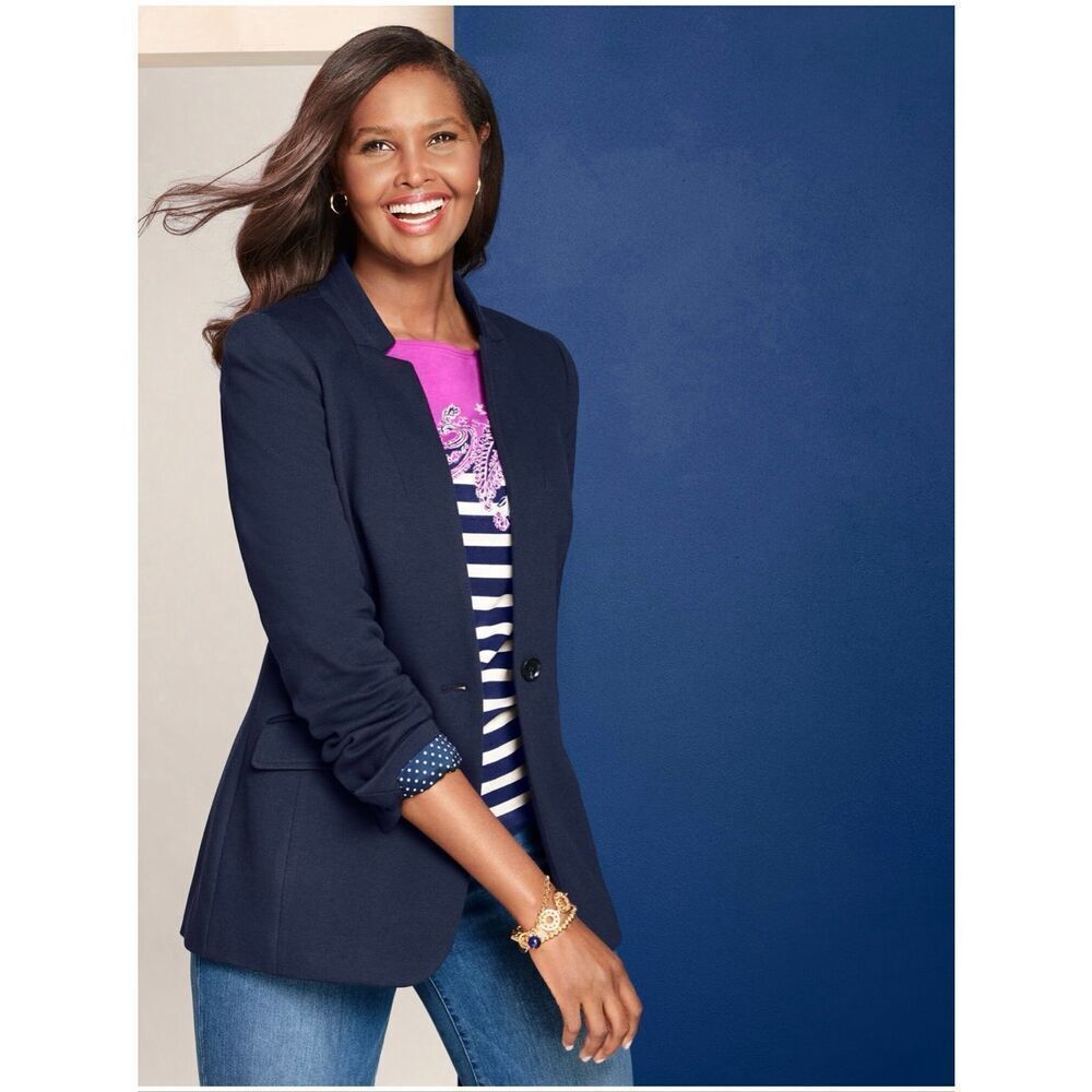 TALBOTS | Easy Knit Blazer in Twill • Navy Blue Notch Collar Single Button Jacke